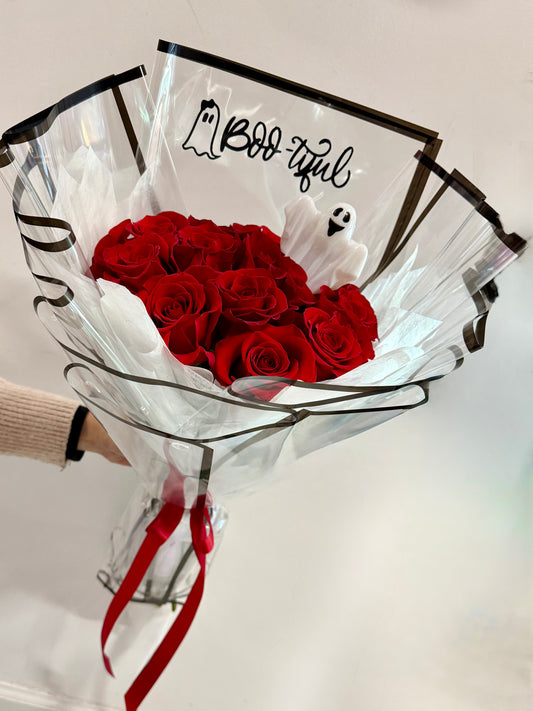 Boo-tiful Ghost Bouquet – 12 Premium Red Roses Halloween Gift