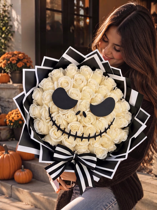 Jack Skellington 3D Face Bouquet — 25 White Carnations Halloween Wrapped Bouquet