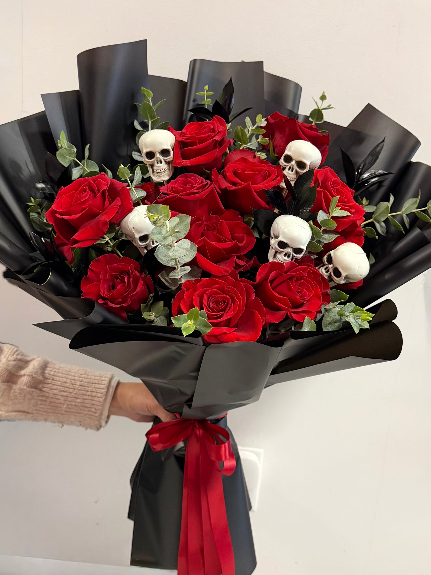 Till Death Do Us Part – Red Roses & Skull Halloween Bouquet