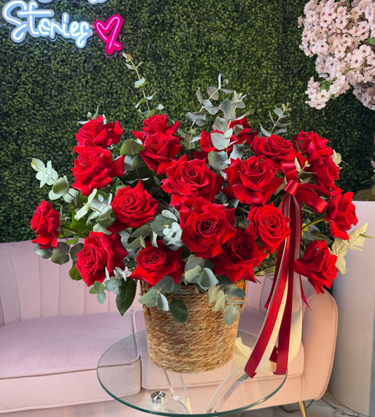 Crazy For You — Luxury Red Rose & Eucalyptus Woven Basket