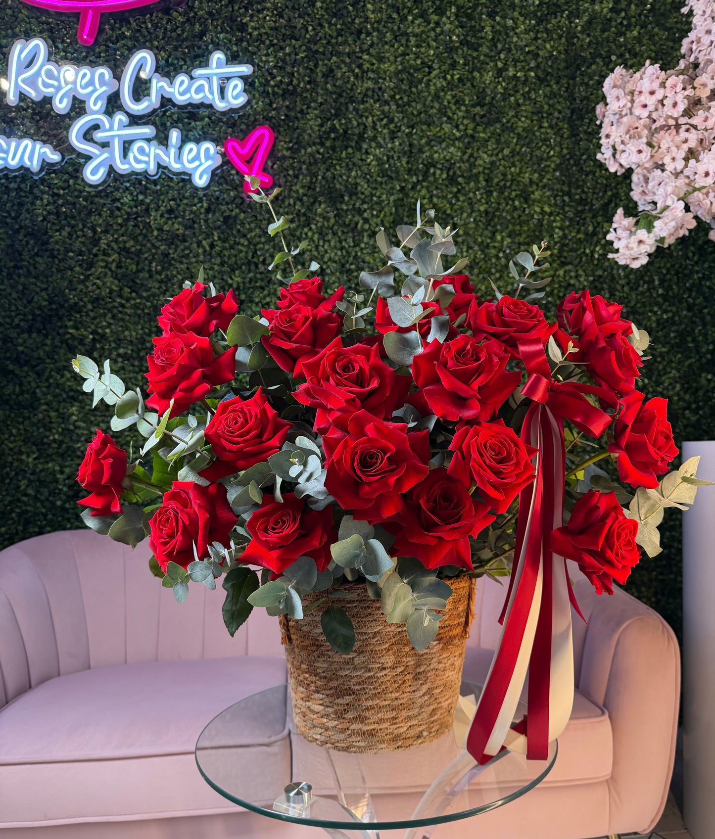 Crazy For You — Luxury Red Rose & Eucalyptus Woven Basket