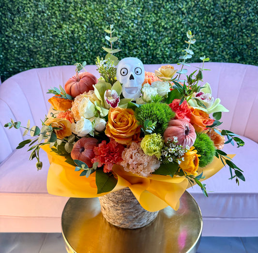 Ghostly Greetings — Halloween Skull & Harvest Pumpkin Arrangement